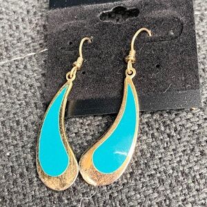 Vintage Laurel Burch Rain Drop Earings Teal with Gold Tone Signed / Marked
